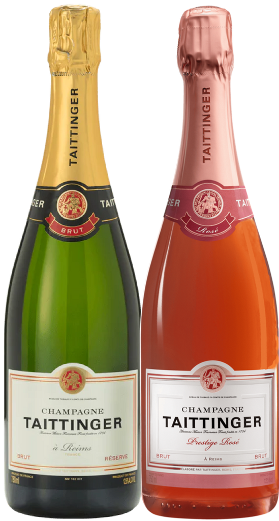 Two bottles of Taittinger champagne in a gift box, one with a golden yellow label and the other with a pink label, both indicating different types of Taittinger champagne.