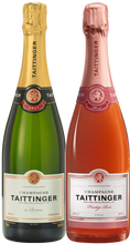 Load image into Gallery viewer, Two bottles of Taittinger champagne in a gift box, one with a golden yellow label and the other with a pink label, both indicating different types of Taittinger champagne.