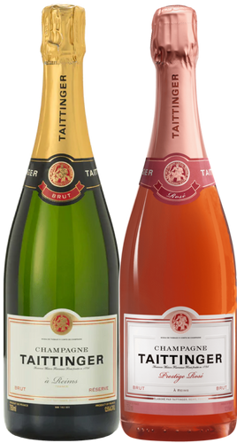 Two bottles of Taittinger champagne in a gift box, one with a golden yellow label and the other with a pink label, both indicating different types of Taittinger champagne.