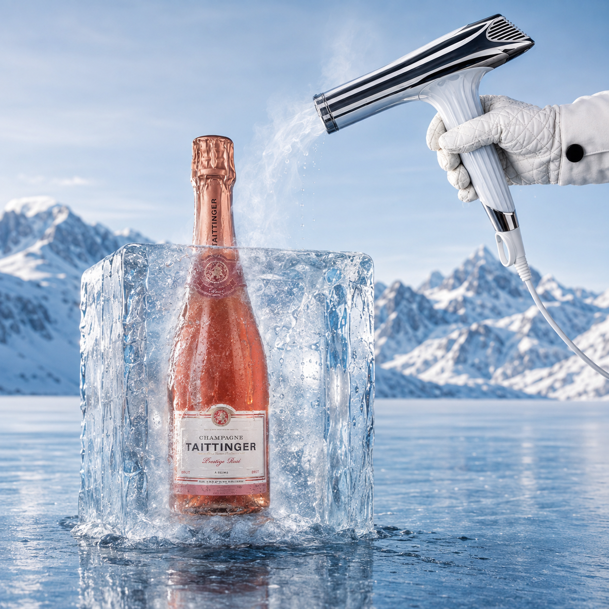Load image into Gallery viewer, A Taittinger rosé champagne bottle sealed in a large ice block, with a gloved hand holding a hair dryer directing air onto the bottle, set against a snowy mountain and icy lake background.