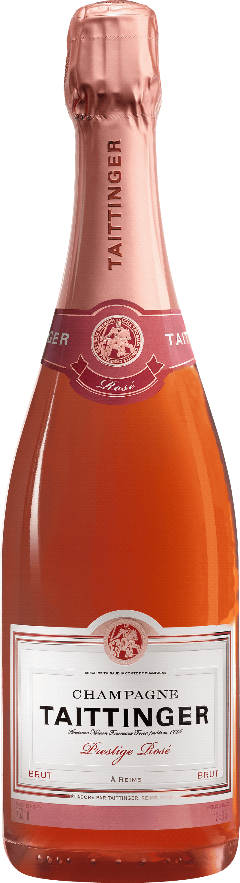 A bottle of Taittinger Prestige Rosé Champagne with a pink label and a shimmering red liquid visible through the transparent bottle.