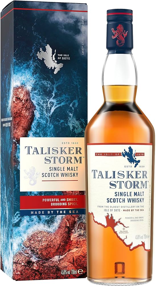 An image of a bottle of Talisker Storm Single Malt Isle of Skye Scotch Whisky next to its fine gift box