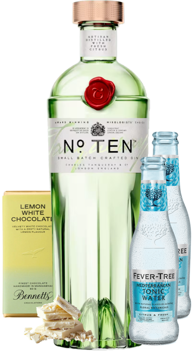 Load image into Gallery viewer, Bottle of No. Ten gin with a box of lemon white chocolate, a small container of salt, and two bottles of Fever-Tree tonic water on a white background.