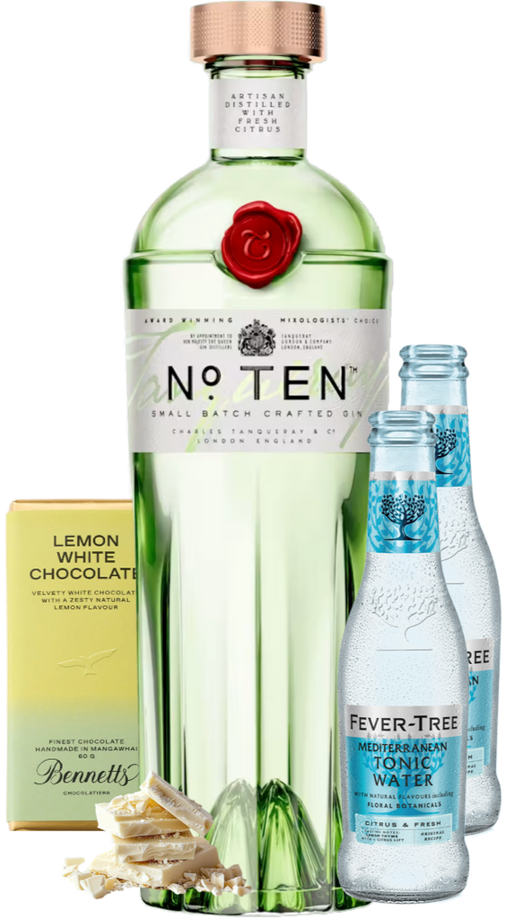 Bottle of No. Ten gin with a box of lemon white chocolate, a small container of salt, and two bottles of Fever-Tree tonic water on a white background.