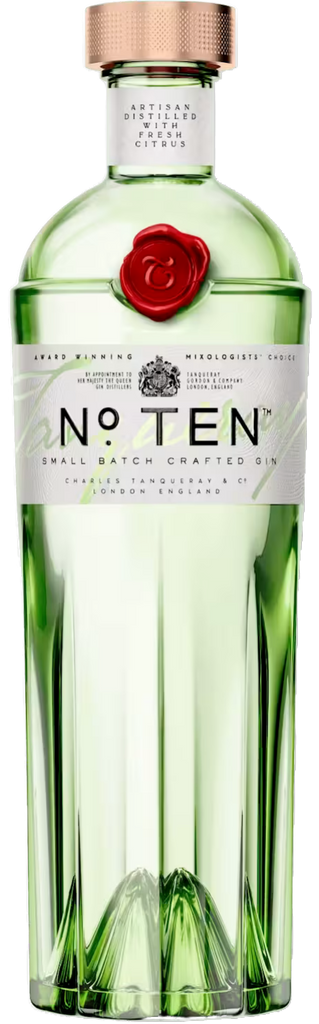 Tanqueray No. Ten gin bottle with a green label and rose emblem on a white background