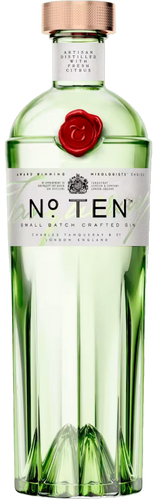 Tanqueray No. Ten gin bottle with a green label and rose emblem on a white background