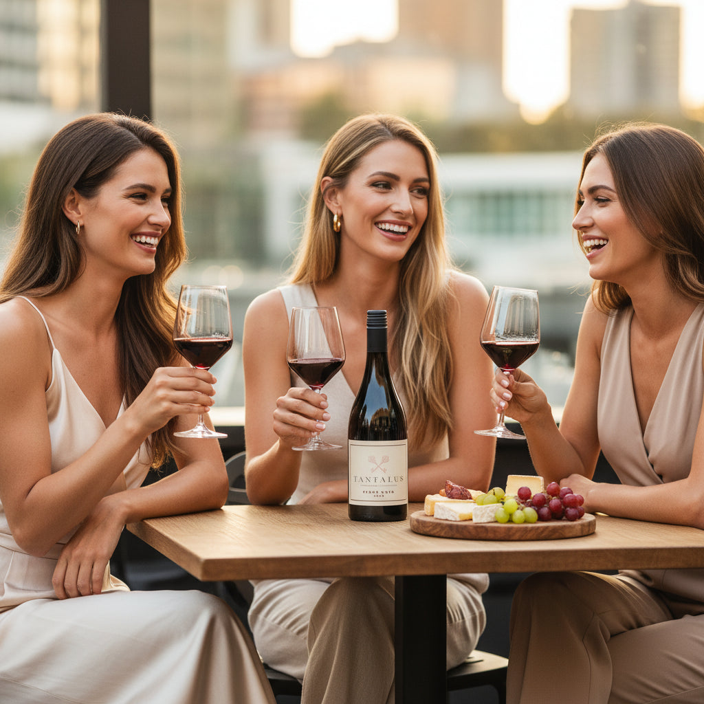 Three women enjoying Tantalus-Regional-Pinot-Noir wine together at a table with a cityscape in the background