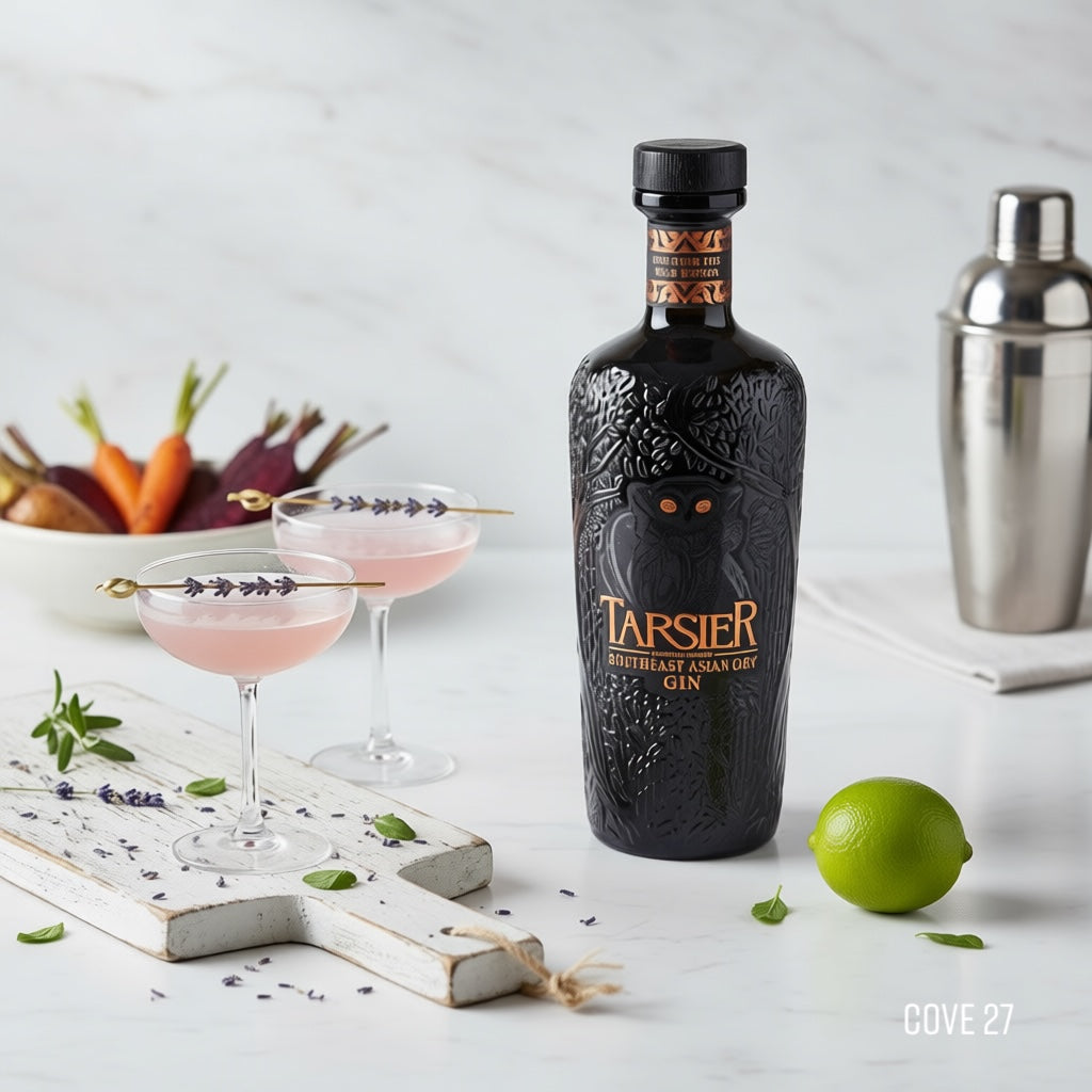 Load image into Gallery viewer, Bottle of Tarsier Southeast Asian Dry gin with cocktails and garnishes on a white surface