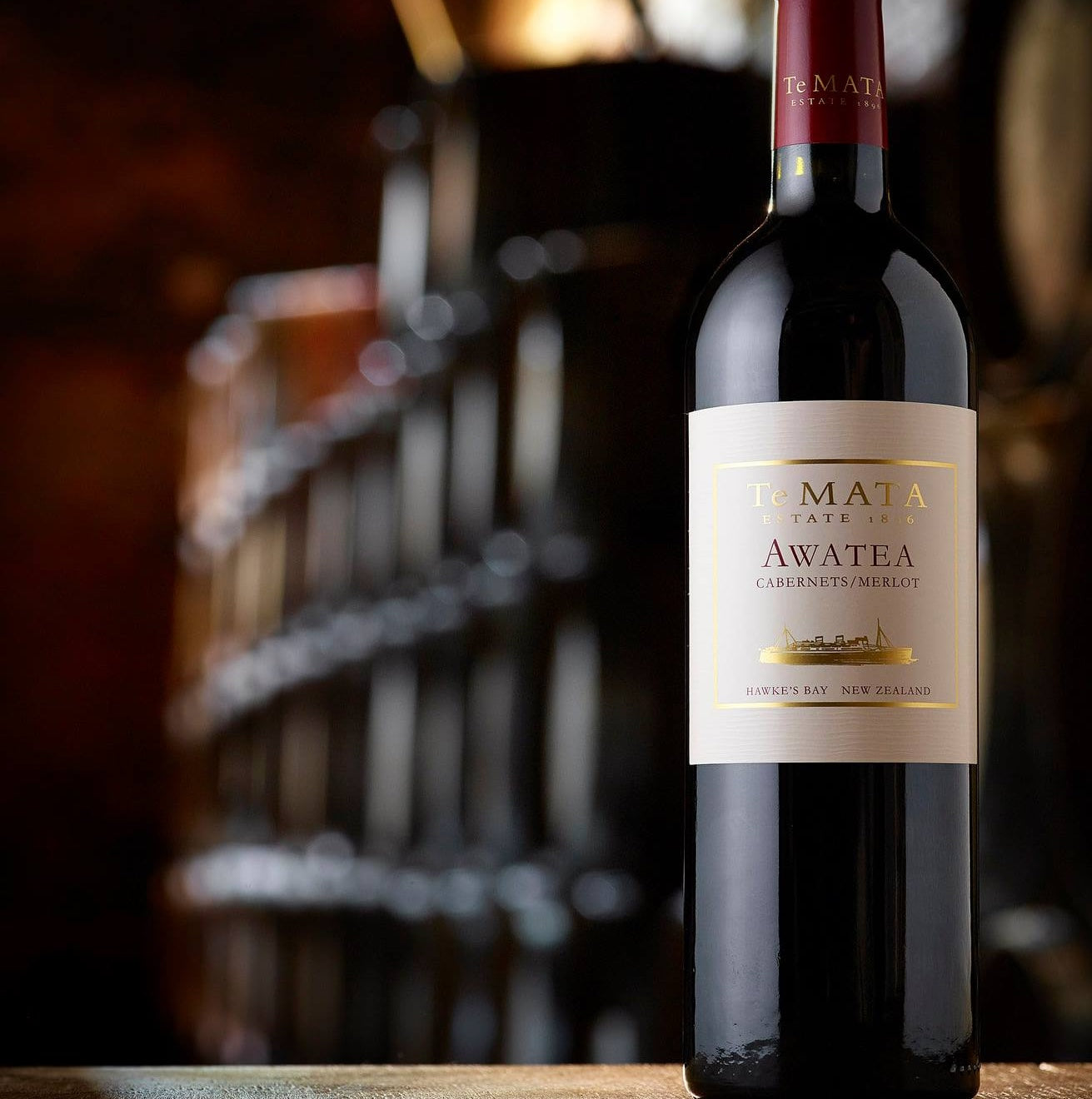 Load image into Gallery viewer, A bottle of Te Mata Estate Awatea Cabernets Merlot red wine in cellar