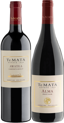 An image of a Te Mata Estate Red Wine Gift Box containing a Awatea (Cabernet Merlot blend) and a Alma Pinot Noir