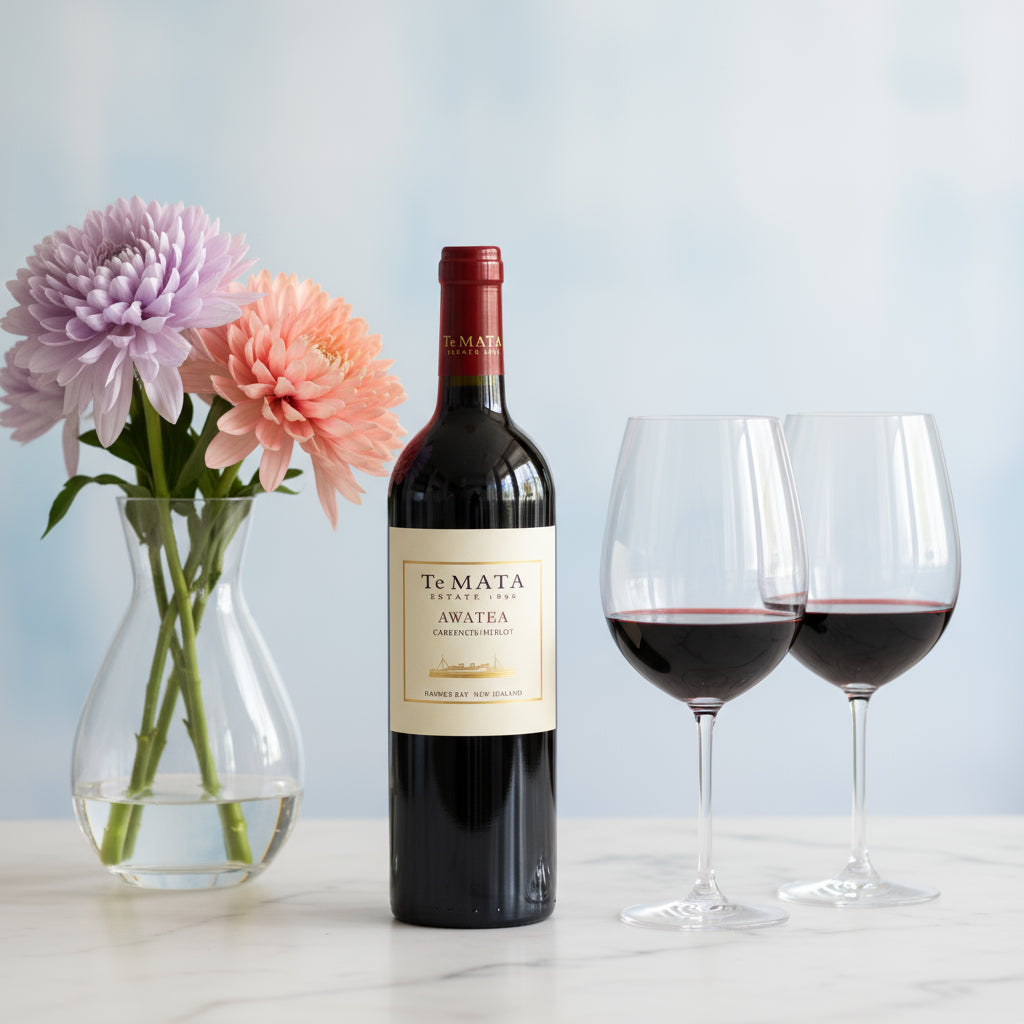 Load image into Gallery viewer, Te Mata Awatea wine bottle with two glasses and flowers on a light blue background