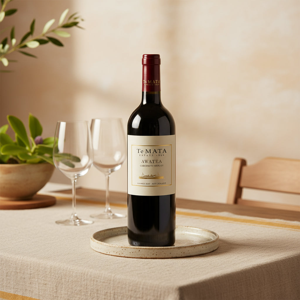 Load image into Gallery viewer, Bottle of TE MATA Awatea red wine on a table with glasses and a plant in the background