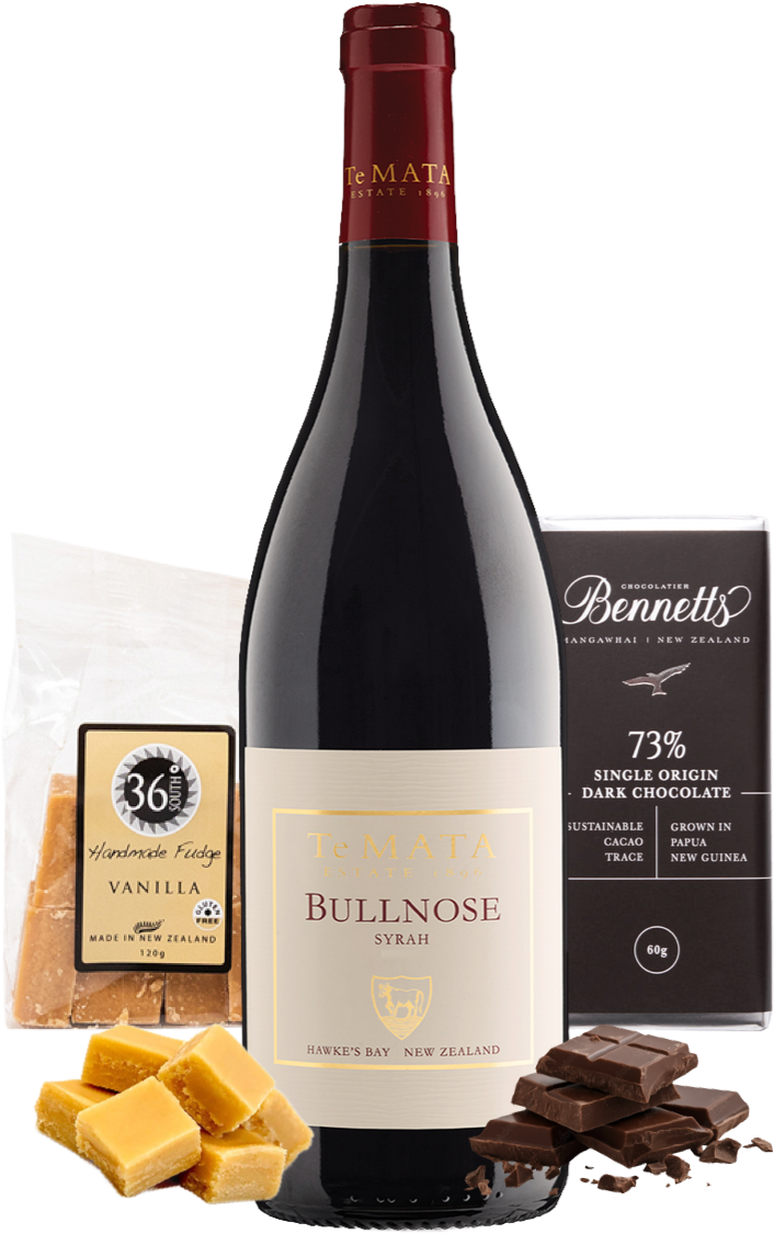 Load image into Gallery viewer, A bottle of Te Mata Estate Bullnose Syrah Red Wine centred on a white background, surrounded by food props: vanilla fudge pieces, a bag of 36 Degrees handmade vanilla fudge, and a bar of Bennett's 73% dark chocolate.