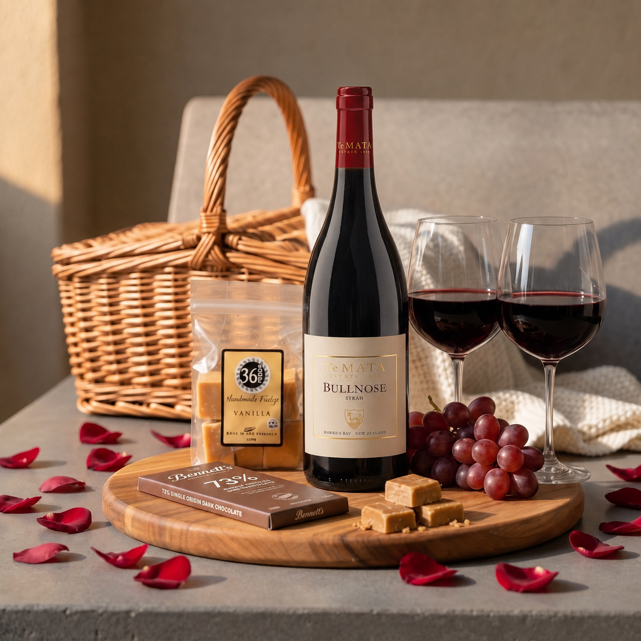 Load image into Gallery viewer, A wine and snack gift arrangement on a stone surface with a wicker picnic basket, a bottle of Te Mata Estate Bullnose Syrah Red Wine, two filled wine glasses, grapes, Bennett's dark chocolates, a bag of 36 Degrees vanilla fudge and vanilla fudge pieces on a wooden board, set against a neutral upholstered chair.