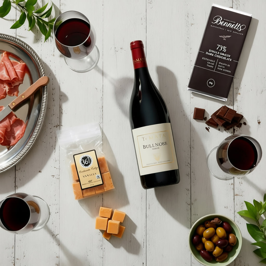 Load image into Gallery viewer, A styled flat-lay featuring a bottle of Te Mata Estate Bullnose Syrah Red Wine surrounded by food and drinks on a white wooden surface, including glasses of red wine, sliced prosciutto, cheese, chocolate pieces, and olives. A packet of 36 Degrees vanilla fudge, a bar of Bennetts dark chocolate is also visible.