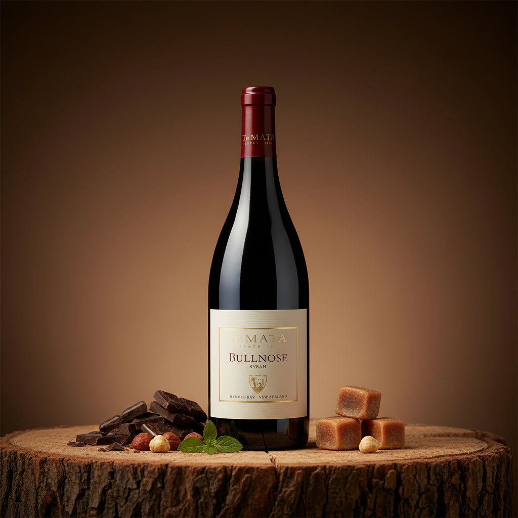 Load image into Gallery viewer, A bottle of Te Mata Estate Bullnose Syrah Red Wine stands on a rustic wood slice, styled with dark chocolate pieces, caramel cubes, and a mint leaf against a warm brown gradient background.