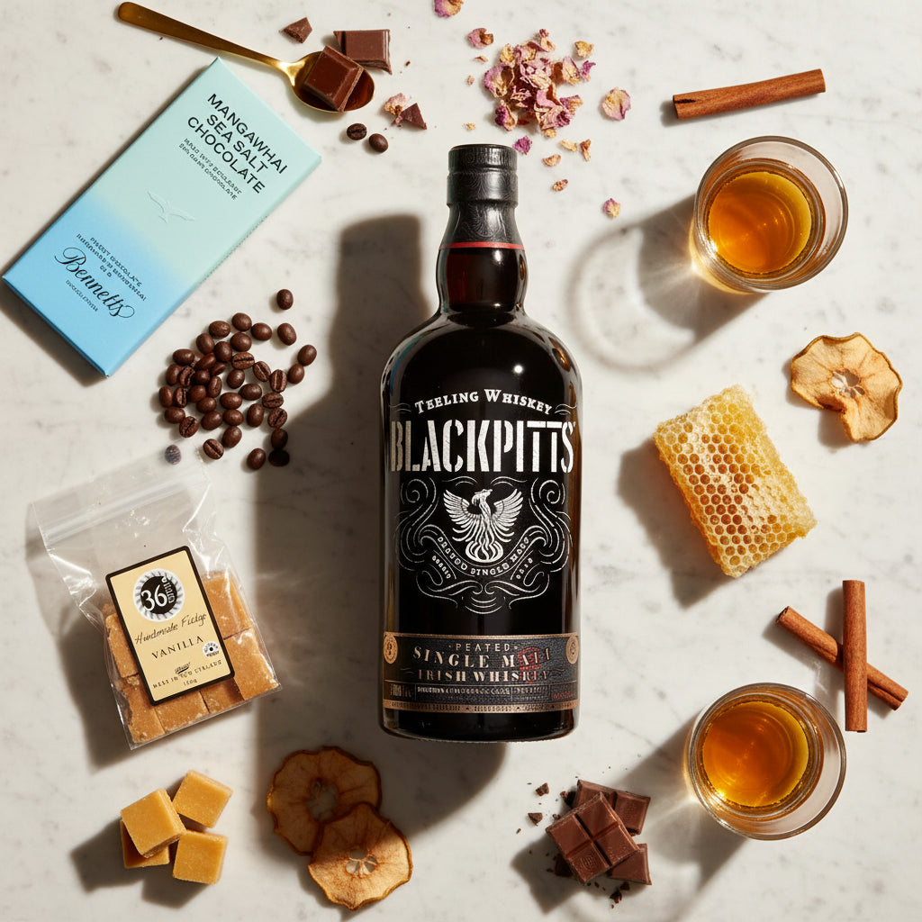 Load image into Gallery viewer, A bottle of Blackpitts Single Malt Irish Whiskey is arranged on a light marble surface with styled ingredients and whiskey glasses around it, including cinnamon sticks, chocolate pieces, vanilla fudge, dried apple slices, a honeycomb piece, a Bennett's chocolate bar, and a packet of 36 Degrees vanilla fudge.
