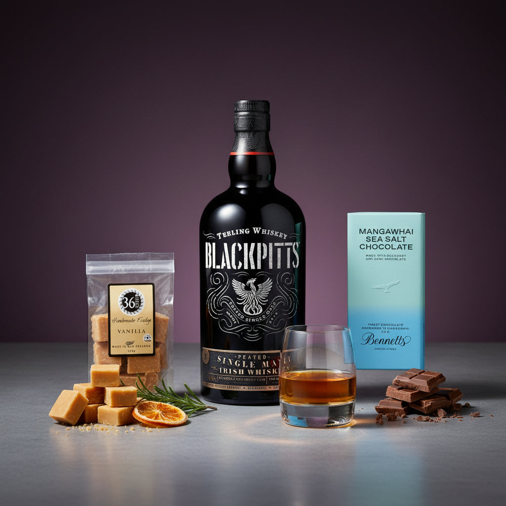 Load image into Gallery viewer, A bottle of Teeling Blackpitts Peated Single Malt Irish Whiskey stands on a tabletop, styled with a glass of amber whiskey, chocolate pieces, a bag of Mangawhai Sea Salt chocolate, and a bar of Bennett's Mangawhai Sea Salt Chocolate against a dark purple gradient background.