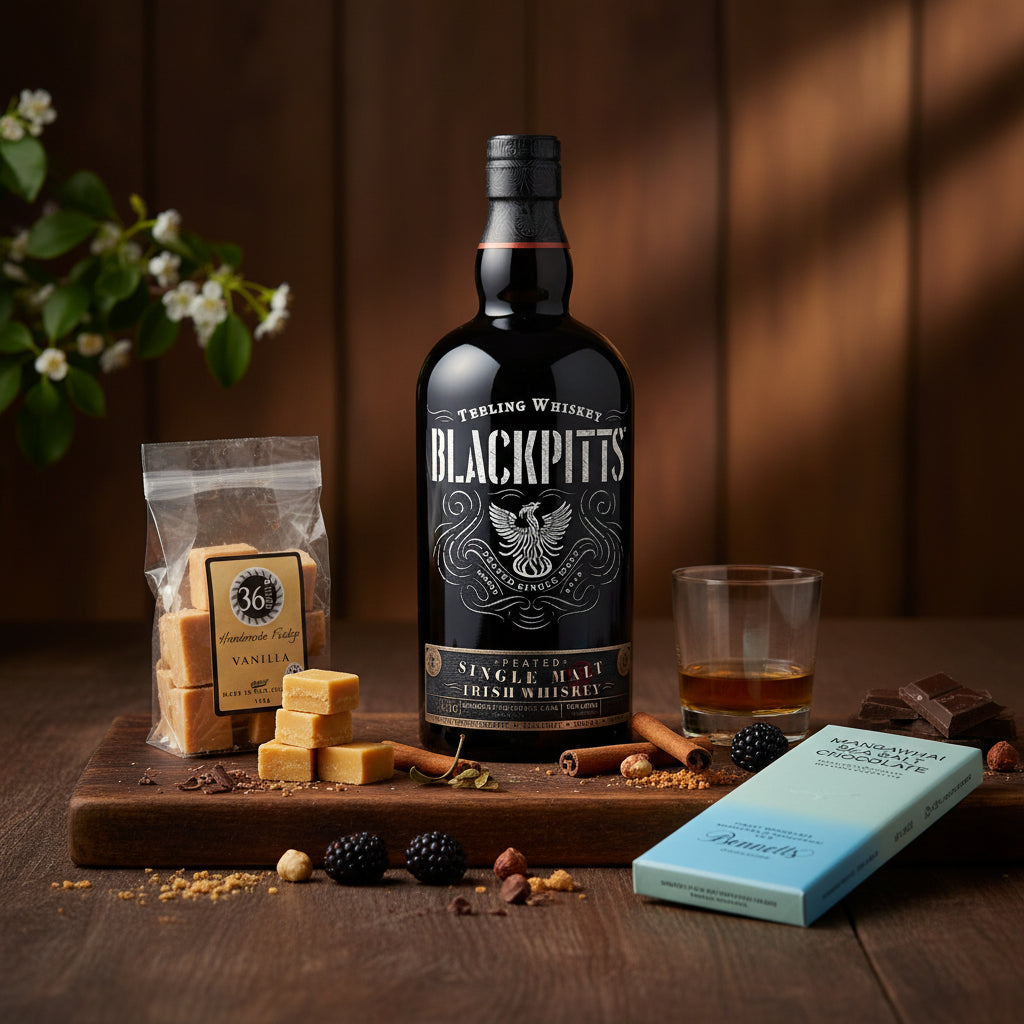 Load image into Gallery viewer, A bottle of Teeling Blackpitts Peated Single Malt Irish Whiskey stands on a wooden board with packet of 36 Degrees vanilla fudge, vanilla fudge pieces, a glass of whiskey, chocolate pieces, and a blue bar of Bennett's sea salt chocolate bar. The scene is styled with cinnamon sticks, nuts, and a dark wood background.