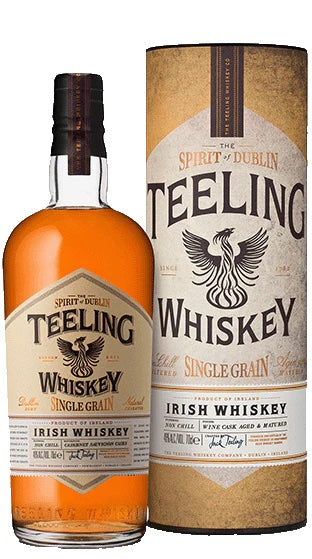 An image of a bottle of An image of a bottle of Teeling Single Grain Irish Whiskey 700ml next to its handsome Gift tube box