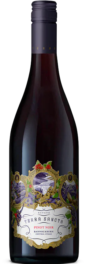 A bottle of Terra Sancta Pinot Noir wine with a label that features an illustration of a castle and a vineyard under a Christmas tree.