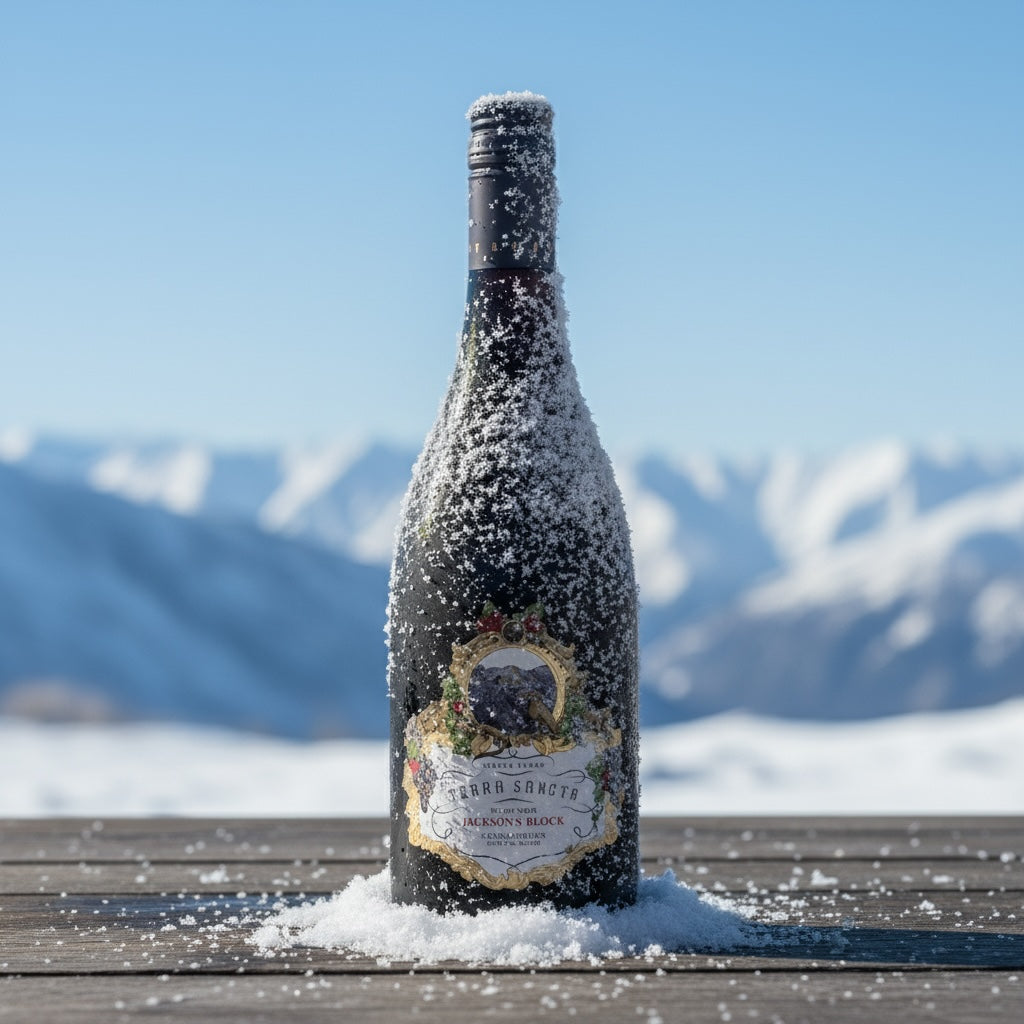 Bottle of Terra-Sancta-Estate-Jacksons-Block-Pinot-Noir wine with snow on it against a mountainous background