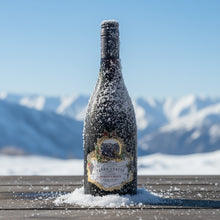 Load image into Gallery viewer, Bottle of Terra-Sancta-Estate-Jacksons-Block-Pinot-Noir wine with snow on it against a mountainous background