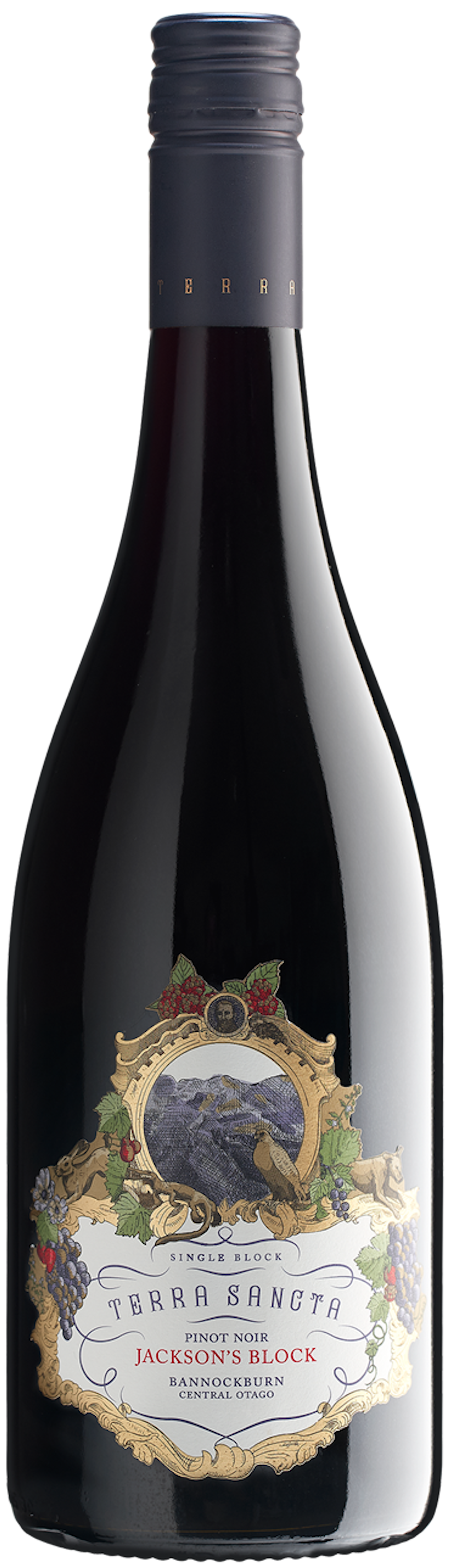 A bottle of Terra Sancta 'Jackson’s Block' Pinot Noir with a label depicting a grape cluster and vine, indicative of its varietal and winemaking focus on Pinot Noir.