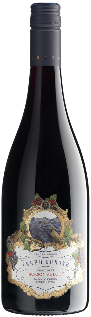 A bottle of Terra Sancta 'Jackson’s Block' Pinot Noir with a label depicting a grape cluster and vine, indicative of its varietal and winemaking focus on Pinot Noir.