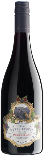 A bottle of Terra Sancta 'Jackson’s Block' Pinot Noir with a label depicting a grape cluster and vine, indicative of its varietal and winemaking focus on Pinot Noir.