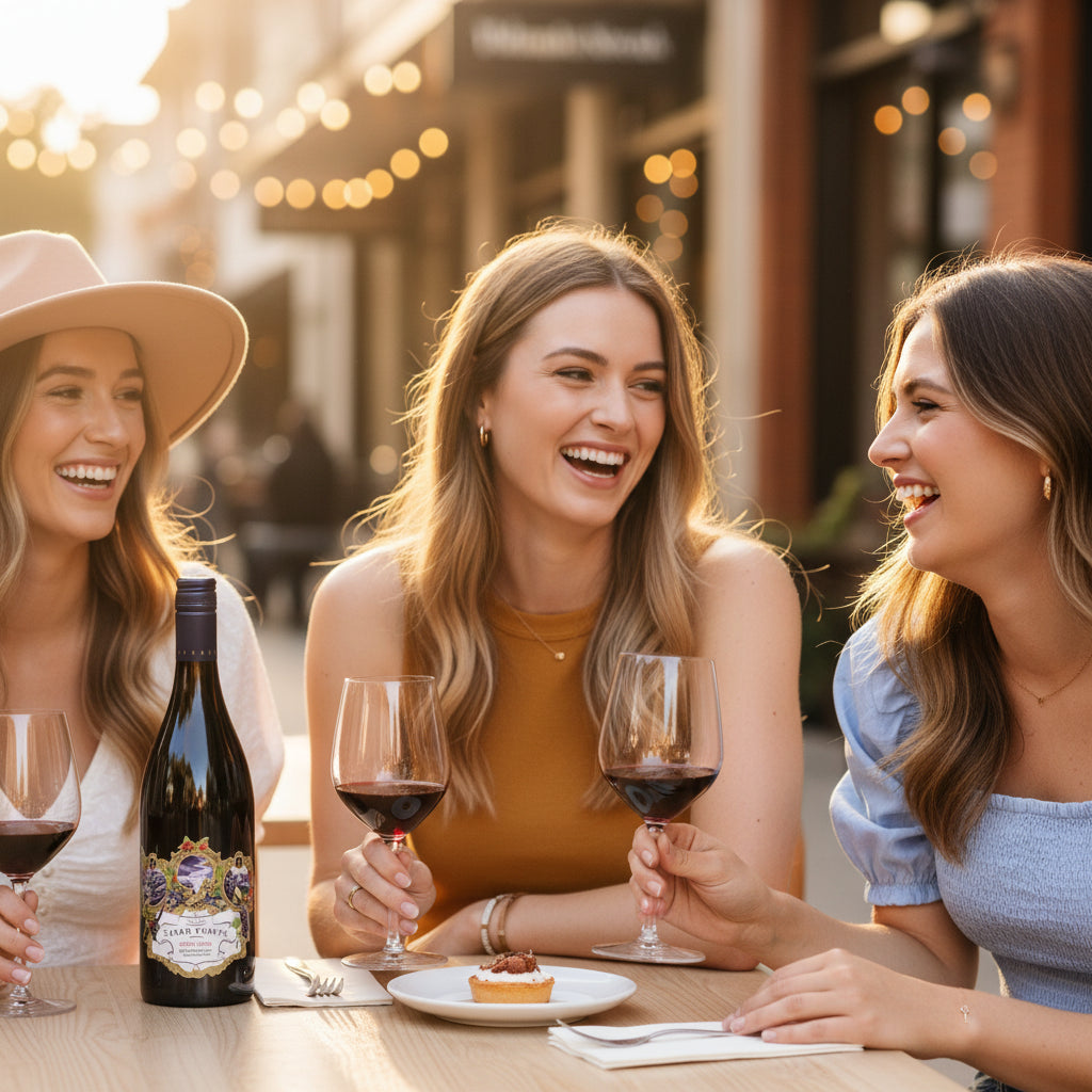 Three women enjoying a bottle of Terra-Sancta-Pinot-Noir wine and dessert outdoors in a casual setting