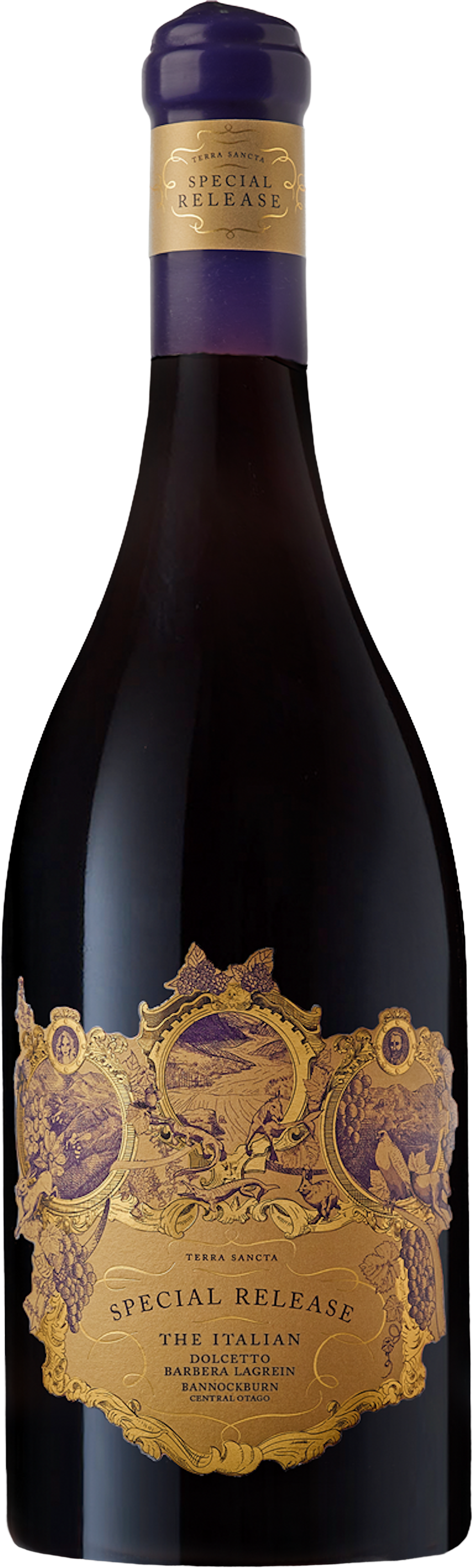 Load image into Gallery viewer, Terra Sancta 'The Italian' Special Reserve red wine bottle with decorative label on a dark background