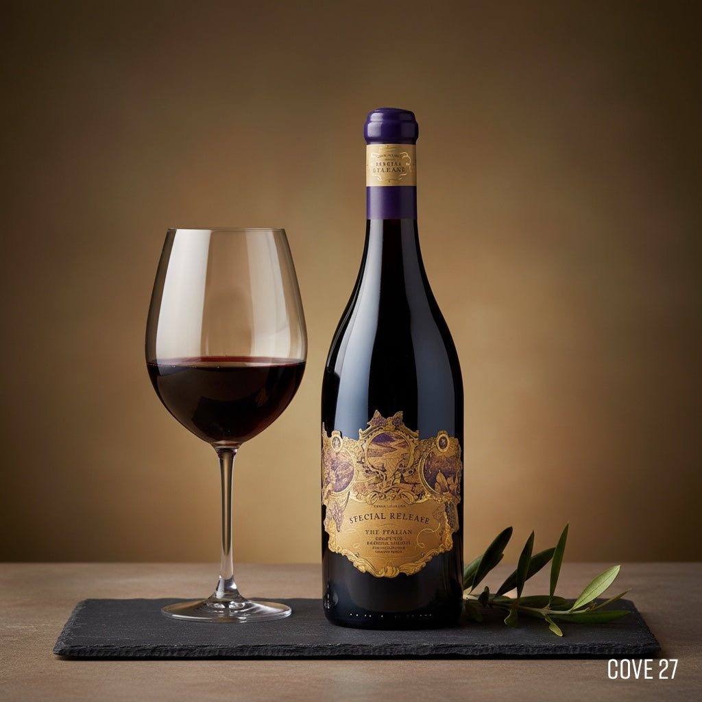 Load image into Gallery viewer, Bottle of Terra Sancta 'The Italian' Special Reserve red wine with a glass on a wooden surface against a brown background