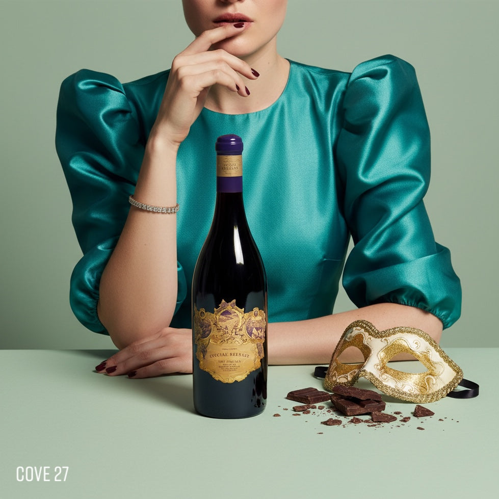 Load image into Gallery viewer, Woman in teal satin dress next to a Terra Sancta 'The Italian' Special Reserve wine bottle, mask, and chocolate on a light green background