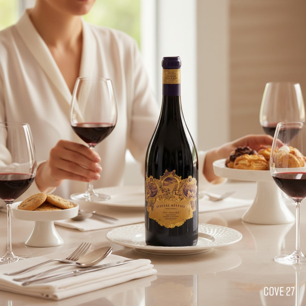 Load image into Gallery viewer, Bottle of Terra Sancta 'The Italian' Special Reserve red wine with a decorative label on a table setting with glasses and food.