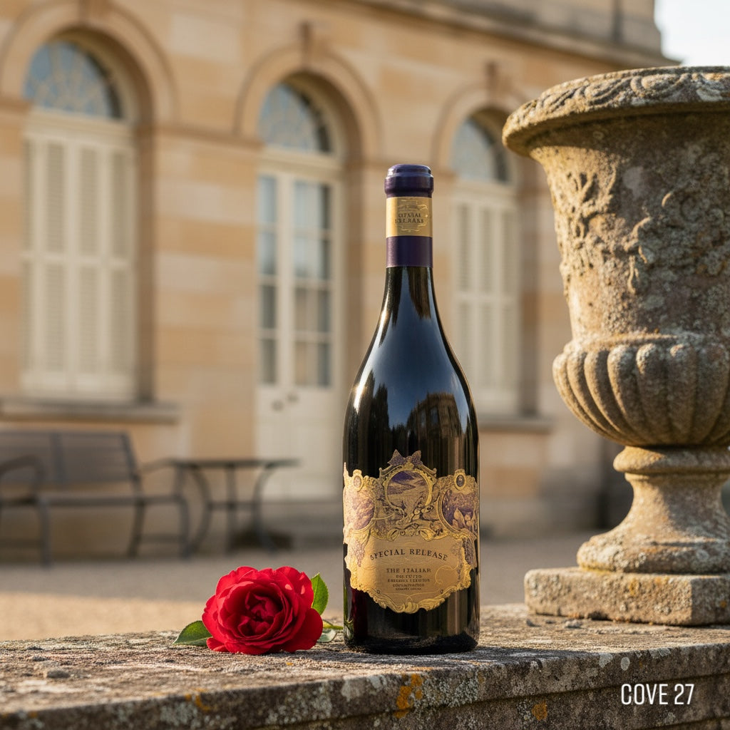 Load image into Gallery viewer, Terra Sancta 'The Italian' Special Reserve wine bottle with a red rose on a stone ledge in front of an elegant building.