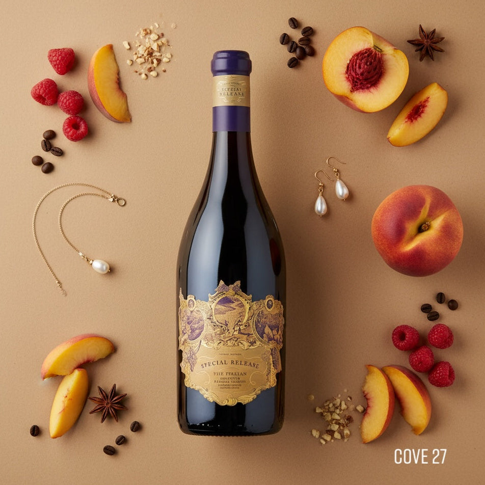 Load image into Gallery viewer, Terra Sancta 'The Italian' Special Reserve red wine bottle with decorative label surrounded by fruits and jewellery on a beige background