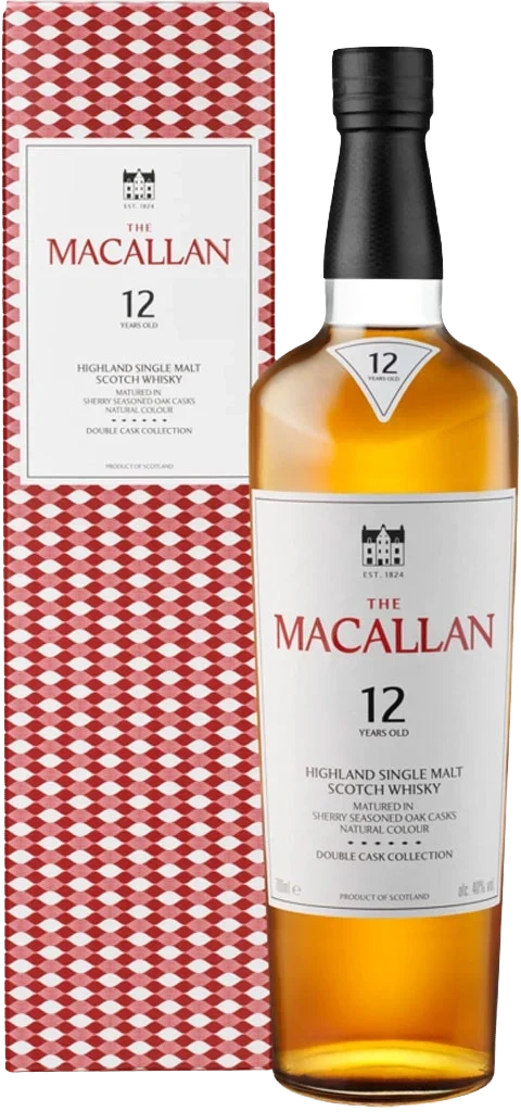 Load image into Gallery viewer, The Macallan 12-year-old whisky bottle with packaging on a white background