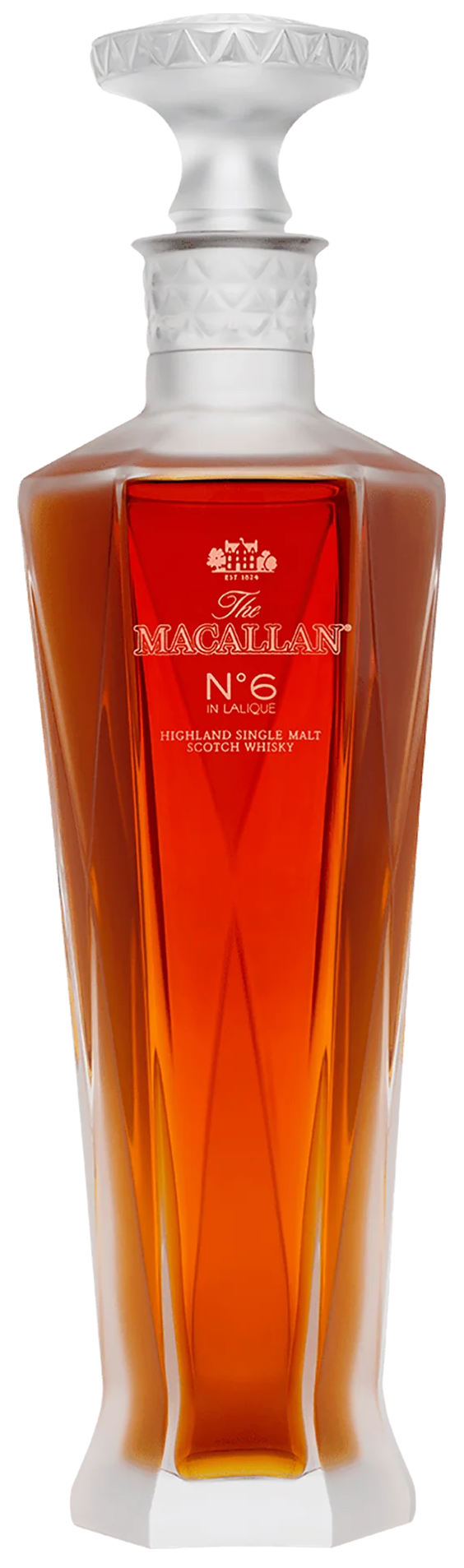 An image of a bottle of The Macallan No.6 Single Malt Whisky, bottled in a stunning Lalique Decanter