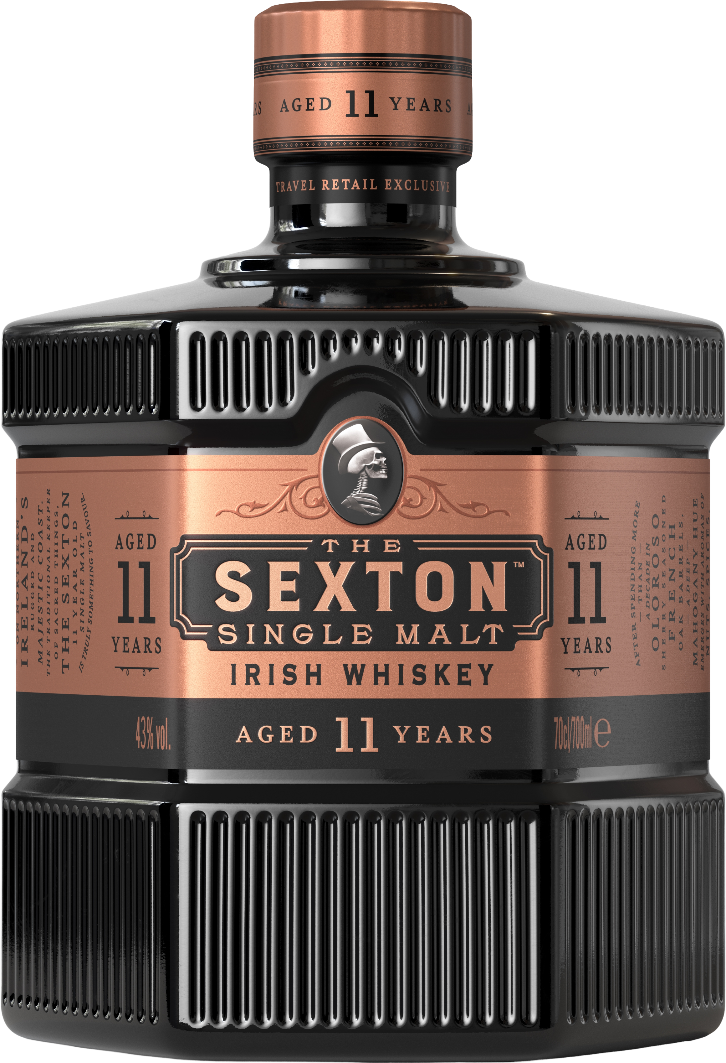 Load image into Gallery viewer, The Sexton 11 Year Old Single Malt Irish Whiskey bottle with a bronze label on a black background