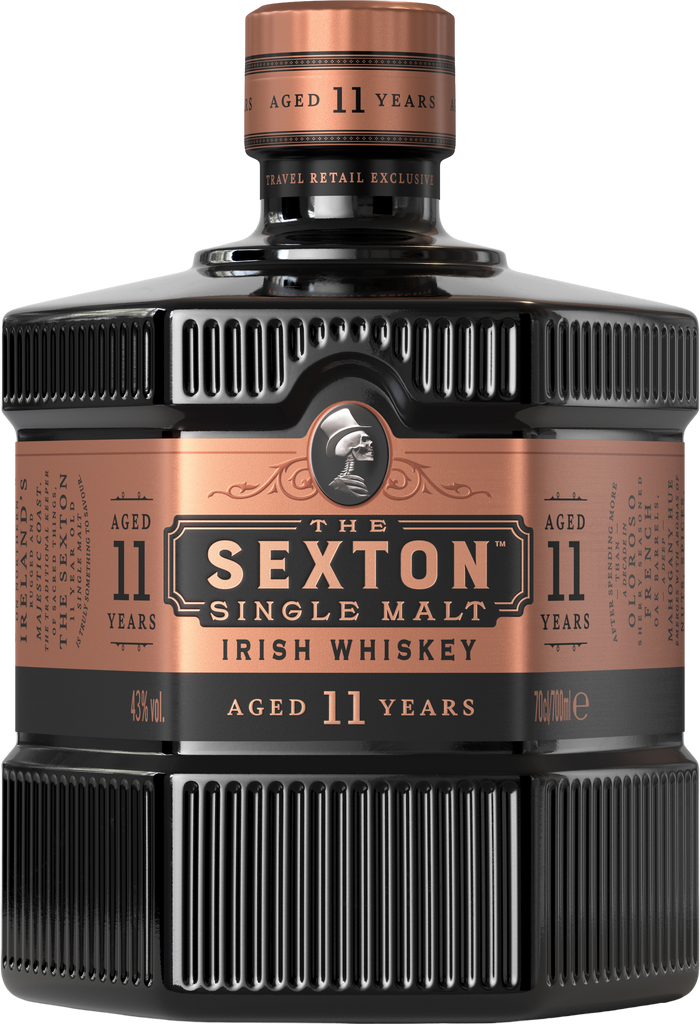 The Sexton 11 Year Old Single Malt Irish Whiskey bottle with a bronze label on a black background