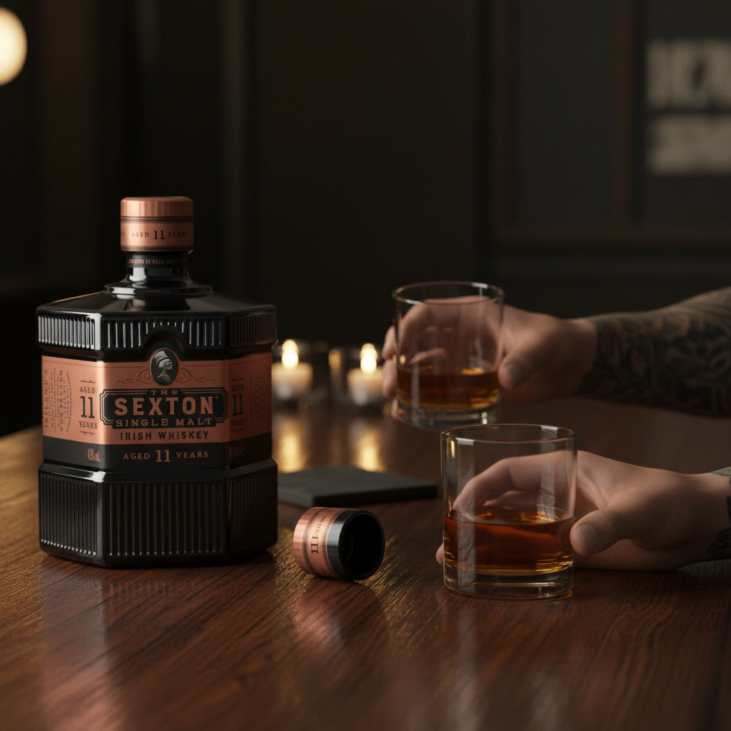 Load image into Gallery viewer, The Sexton 11 Year Old Single Malt Irish Whiskey bottle with two glasses on a wooden table