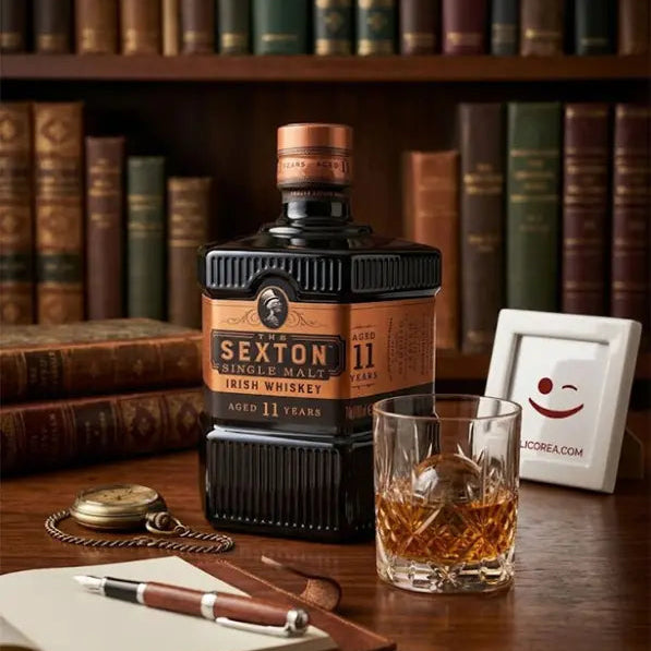 Load image into Gallery viewer, The Sexton 11 Year Old Single Malt Irish Whiskey bottle with a glass of whiskey on a wooden table in front of a bookshelf.