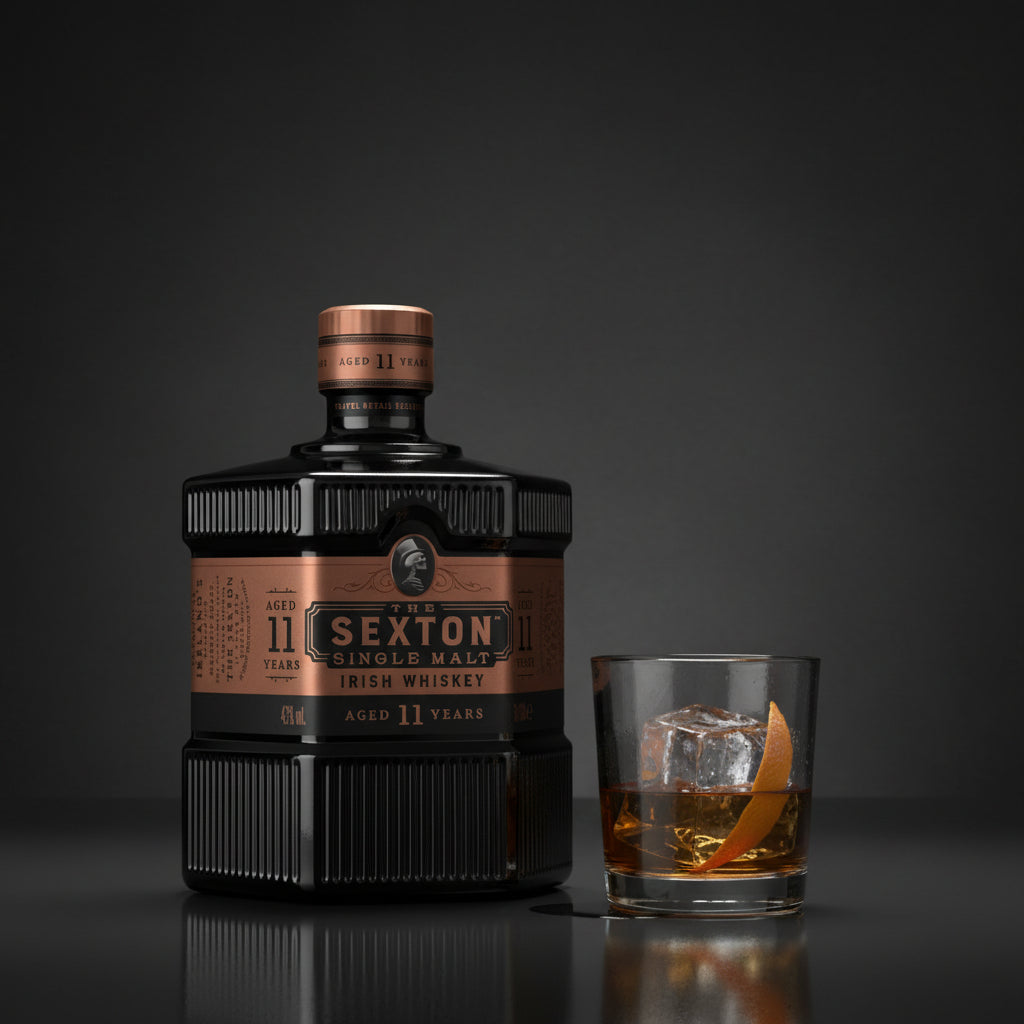 Load image into Gallery viewer, Bottle of The Sexton 11 Year Old Single Malt Irish Whiskey with a glass of whisky on a dark background