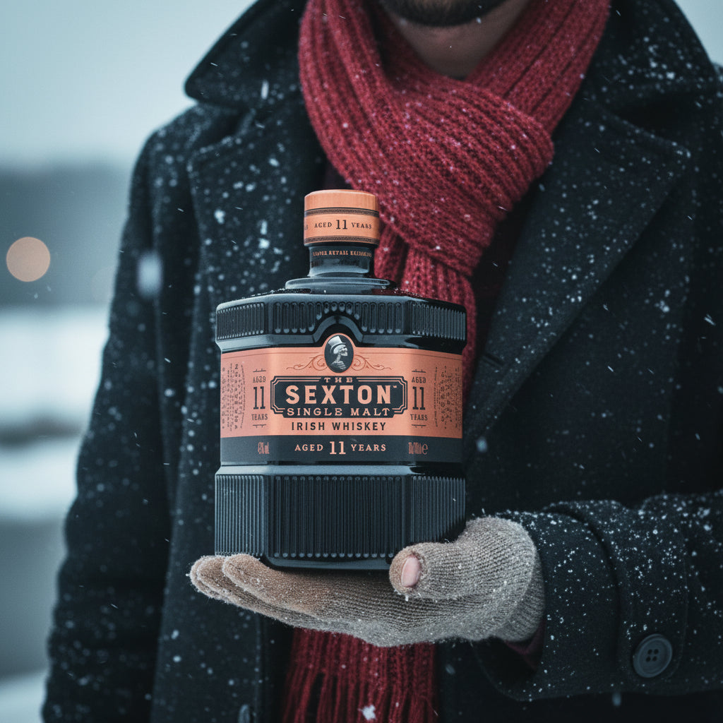 Load image into Gallery viewer, Person holding a bottle of The Sexton 11 Year Old Single Malt Irish Whiskey in a snowy setting