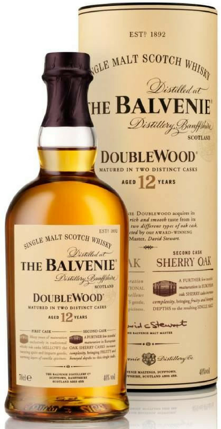 An image of a bottle of The Balvenie Doublewood 12YO Single Malt Scotch Whisky together with the gift box (tube) it comes in