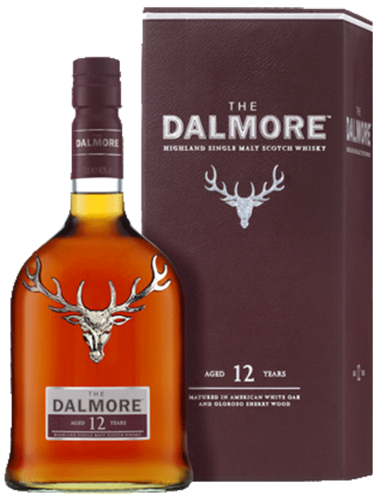 An image of a bottle of The Dalmore 12YO Single Malt Highland Scotch Whisky next to it's handsome maroon gift box