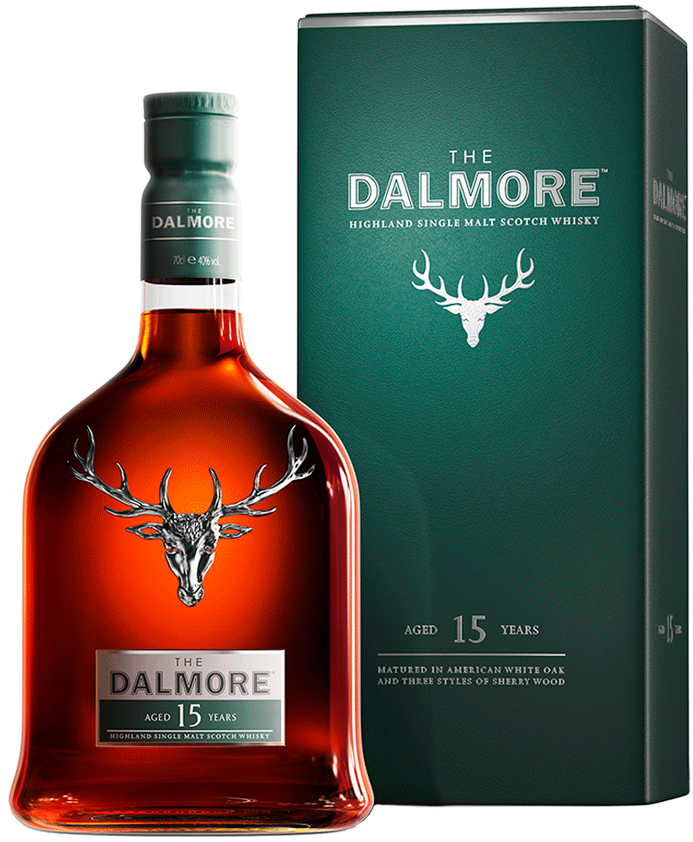 An image of a bottle of The Dalmore 15 year old Single Malt Highland Scotch Whisky 700ml next to its classy gift box
