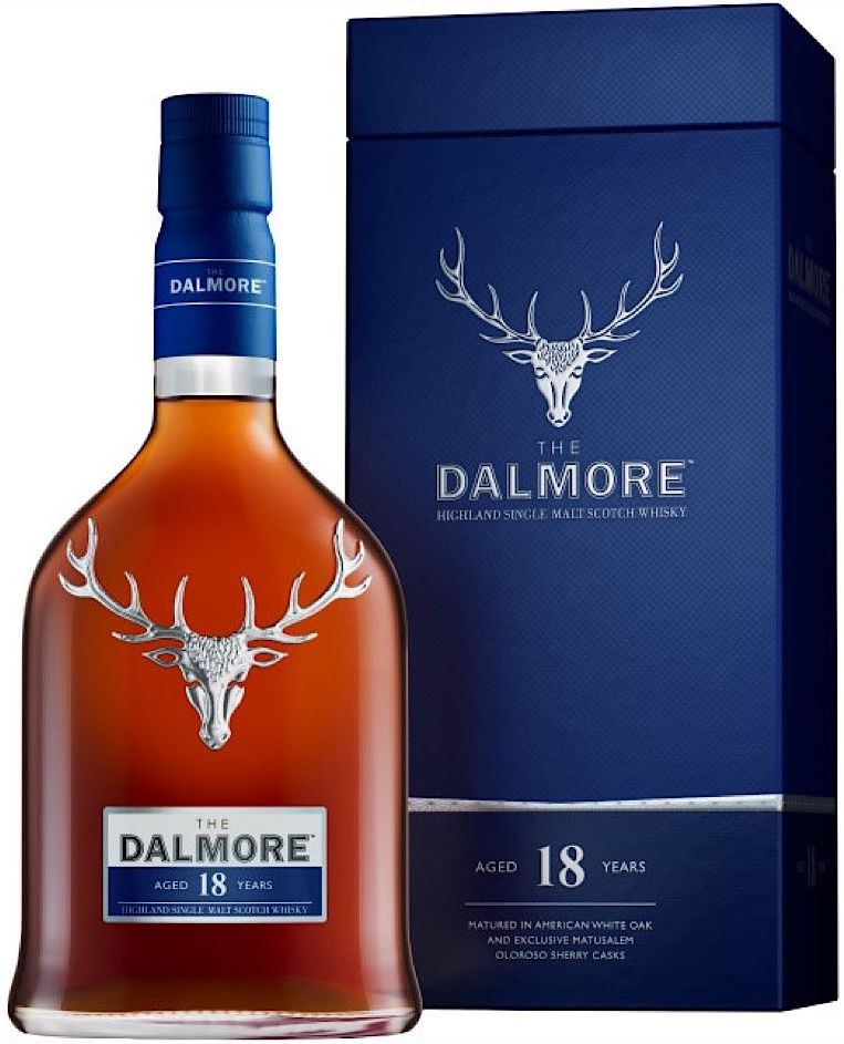 An image of a bootle of The Dalmore 18YO Single Malt Highland Scotch Whisky next to it's stunning blue gift box