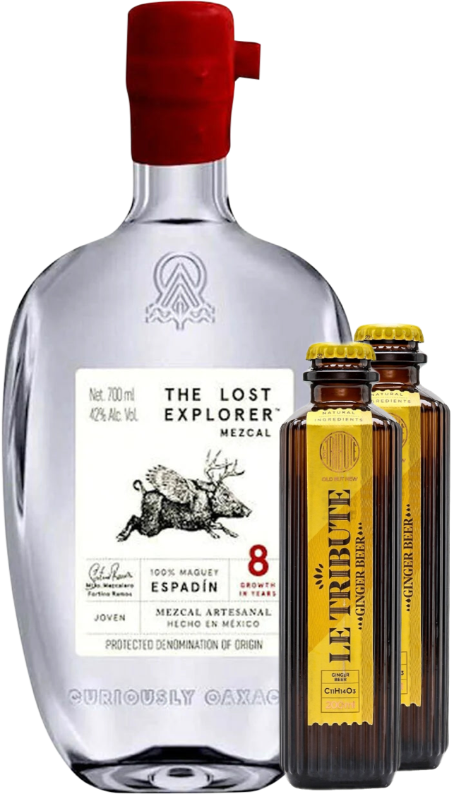 An image of a The Lost Explorer Mezcal Gift Box including two bottles of delicious Le Tribute Ginger Beers 200ml